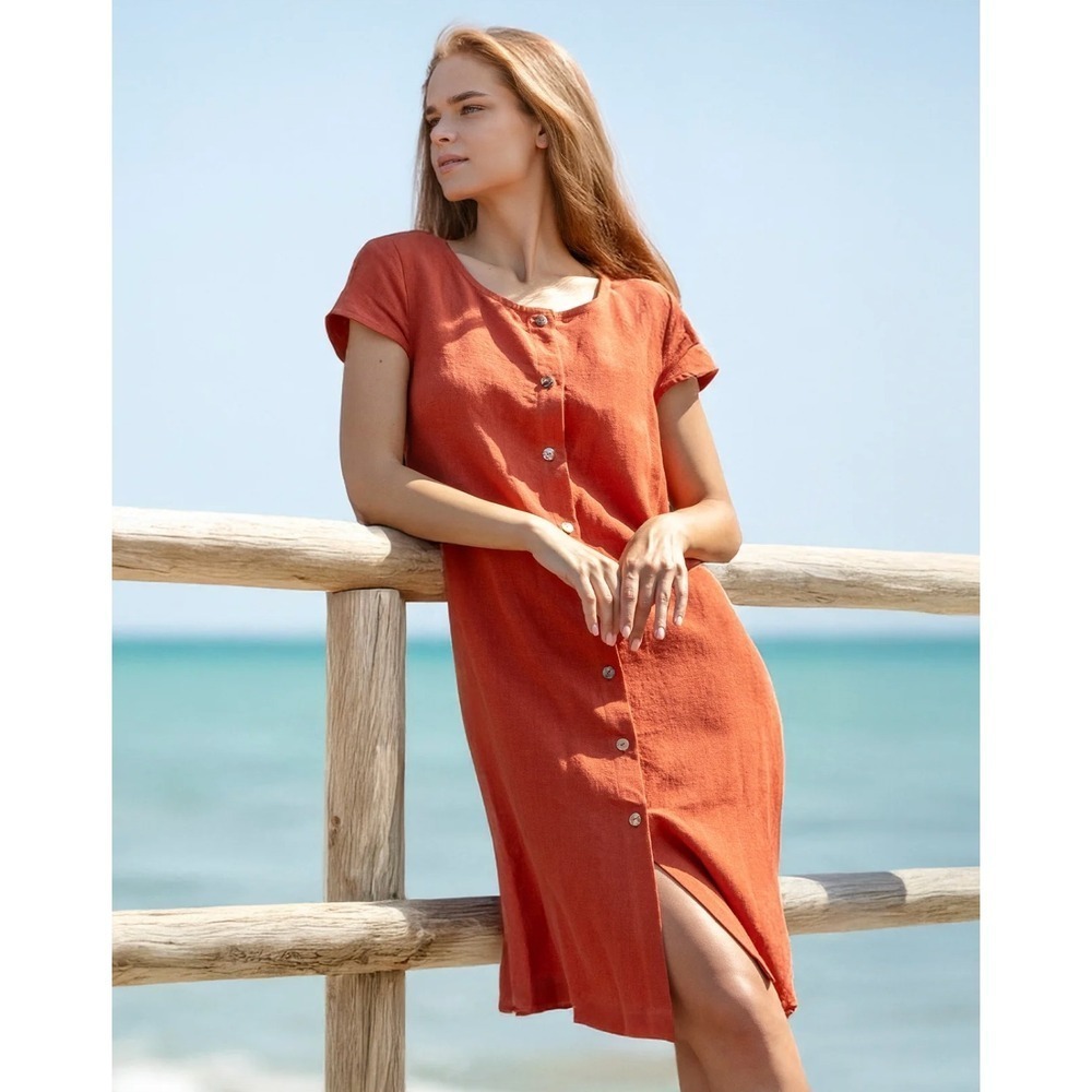 Menique Harper 100% Linen Button Front Shift Dress Cap Sleeve Cinnamon Red Large